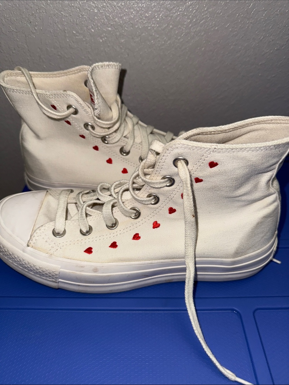 Converse White High-Top Canvas Sneakers with Red Heart Accents